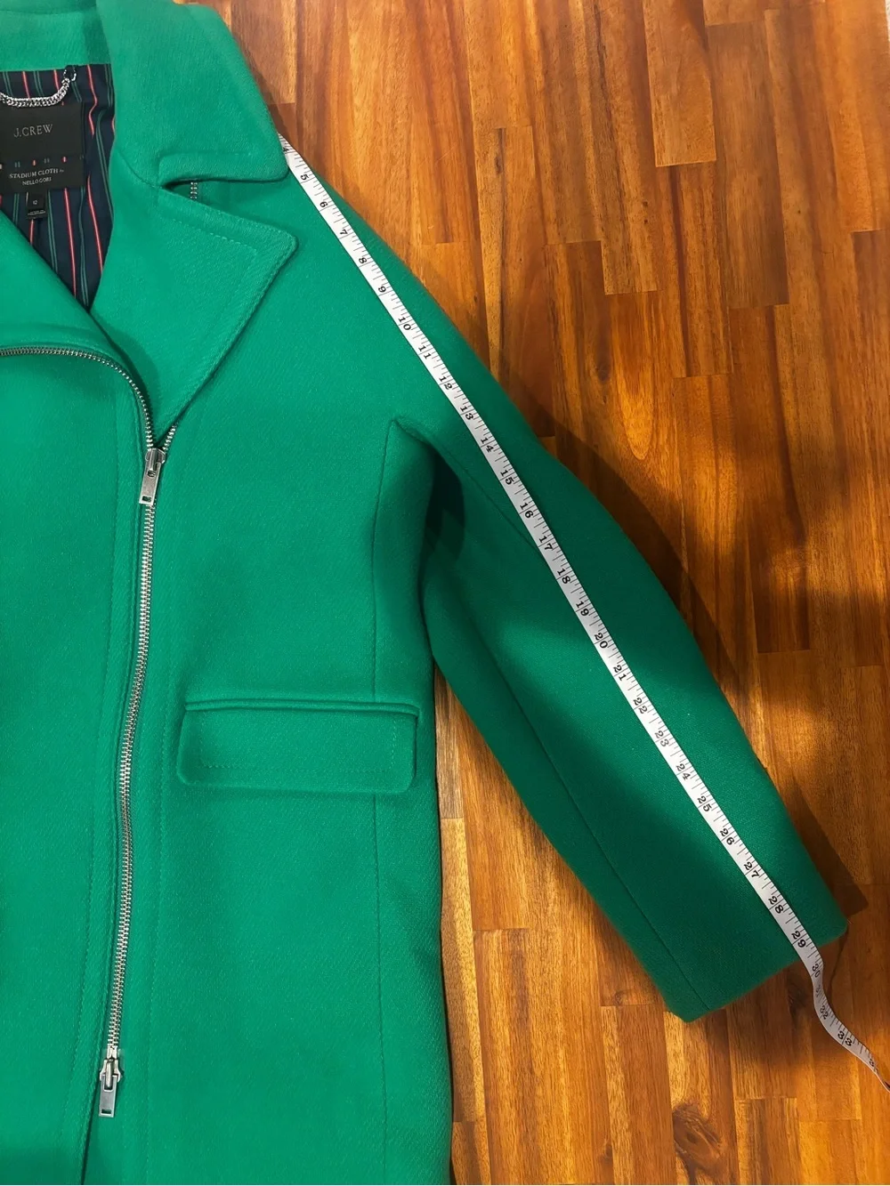J.Crew Emerald Green Wool Pea Coat Stadium Cloth by Nello Gori 2 Way Zip Size 12